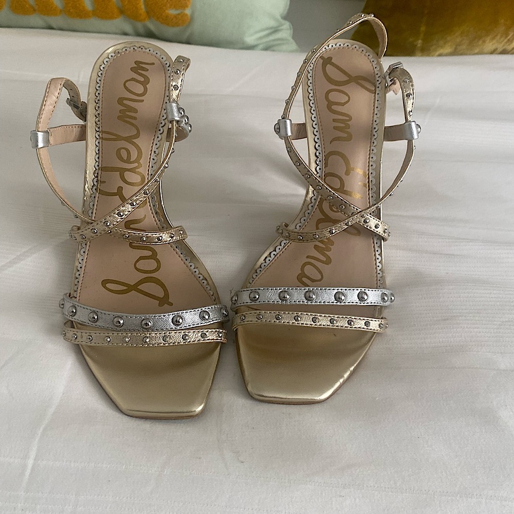 Sam Edelman Womens Lennox Silver&Gold Leather Studded Sandals Heels